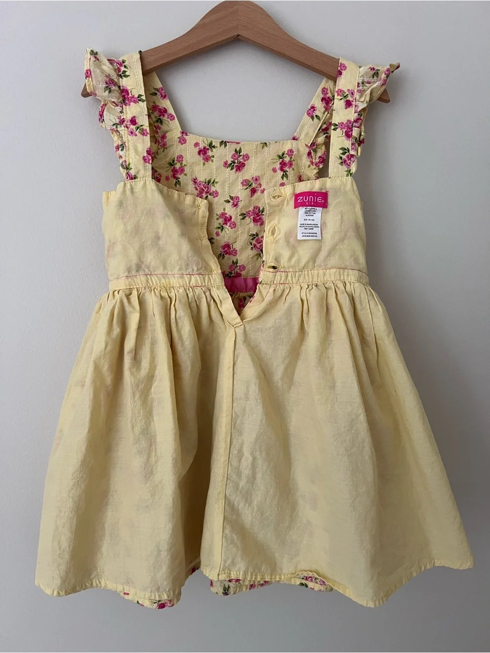 Zunie | Girl 100% Cotton Butter Yellow Summer Sundress Pink Floral Pattern Sz XS